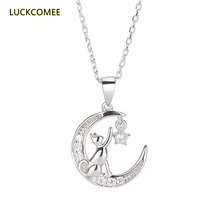 

925 Real Silver Simple Moon Cat Necklace Jewelry Temperament Zircon Jewelry Pendant Clavicle Chain For Women 45cm Length