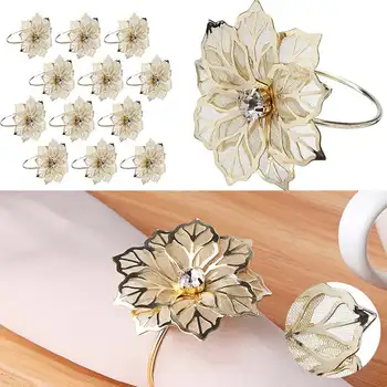 

12/24 Pieces Alloy Napkin Rings with Hollow Out Flower Napkin Holder Adornment Exquisite Household Napkins Set Floral Rhinest