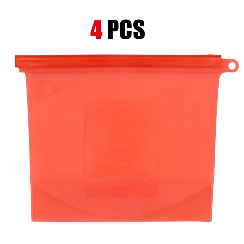 4PCS silicone bag food sealed bag with reusable silicone self-styled food storage bag refrigerator storage bag outdoor snack bag - Цвет: Red
