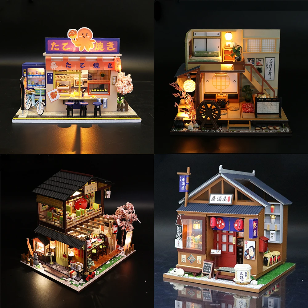 

DIY MINI Doll House Kit Modern Scene Hut Sushi Shop 3D Wooden Miniature Dollhouse Accessories LED Lights Birthday Gift Decor
