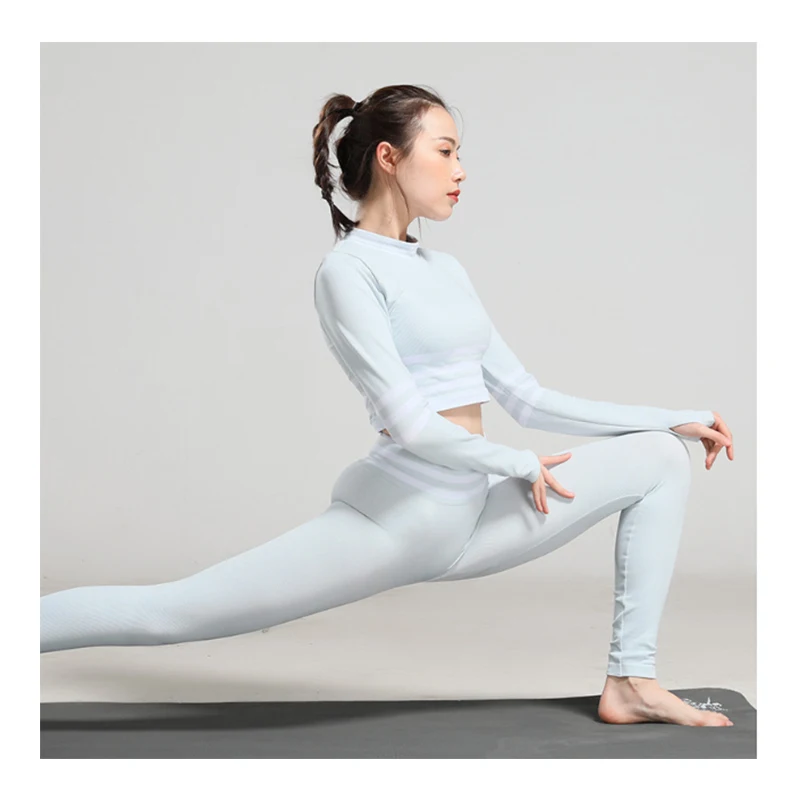 Комплект из 2 предметов для йоги, женская одежда для спортзала и тренировок, леггинсы для фитнеса+ укороченные рубашки, спортивный костюм, бесшовная полосатая одежда с длинным рукавом для активного отдыха