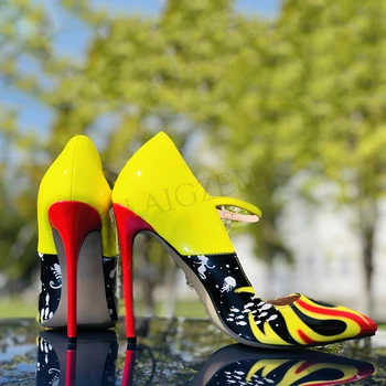 

LAIGZEM ON Fire Women Heels Mary Janes Pumps Pointed Toe Stiletto Unique Ladies Shoes Woman Zapatos Mujer Large Size 45 46 47