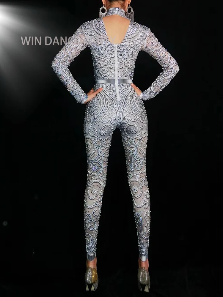 Women pole dance wears bodysuit pearl diamonds jumpsuit tight outfits disco performance costumes singer show dress clothe