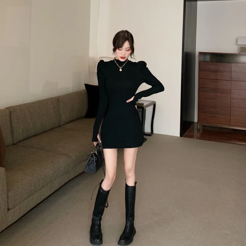 

2020 Autumn Sexy Slim Fit Bodycon Dress For Women Half Turtleneck Knit Black Mini Dresses Chic Black Robe Sweet Puff Sleeve