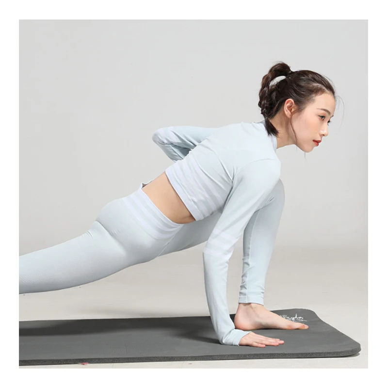Комплект из 2 предметов для йоги, женская одежда для спортзала и тренировок, леггинсы для фитнеса+ укороченные рубашки, спортивный костюм, бесшовная полосатая одежда с длинным рукавом для активного отдыха