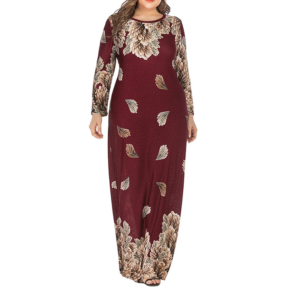 Abaya Jilbab Muslim Maxi Dress Foral Print Red Plus Size Kaftan Long Dress Vintage Fashion Islamic Clothings Long Robe 5XL
