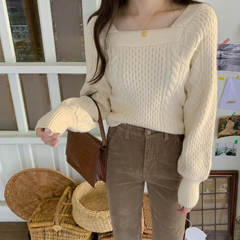 

Women Autumn Winter Square Collar Twist Long Sleeve Sweater Sexy Knitted Pullovers Beige Thick Slim Jumper Outwear