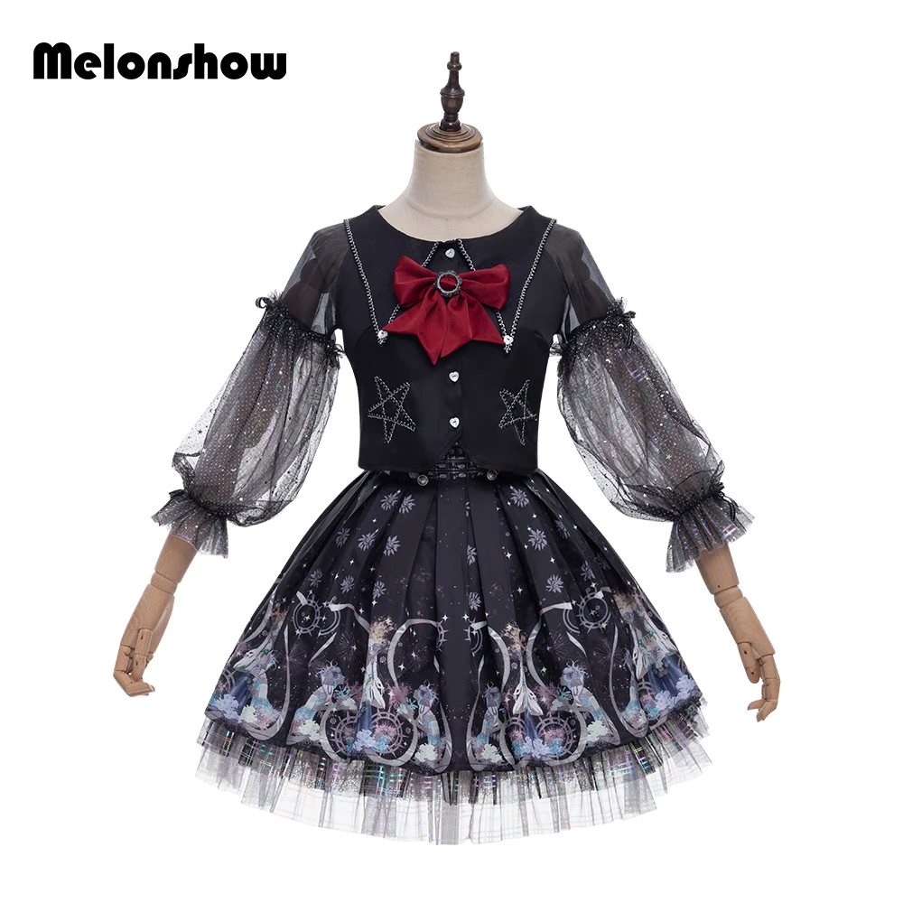 

Girls Halloween Witch Costume Sparkly Silver Stars Printed Carnival Cosplay Dress with Pointed Hat Dress Up SK Clothes