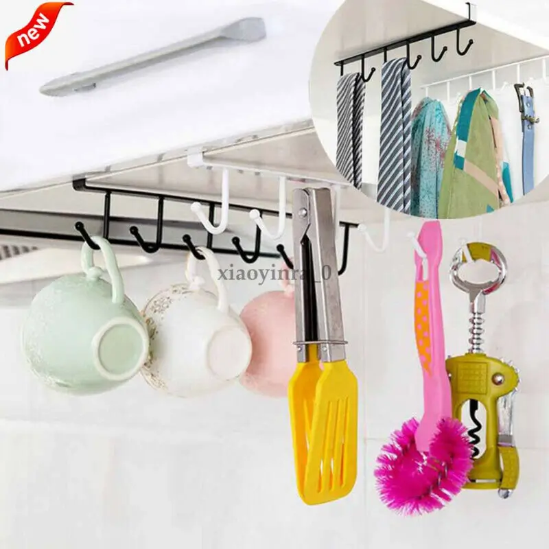 

4/6Hooks Kitchen Under Cabinet Towel Cup Paper Hanger Rack Organizer Storage Shelf Holder