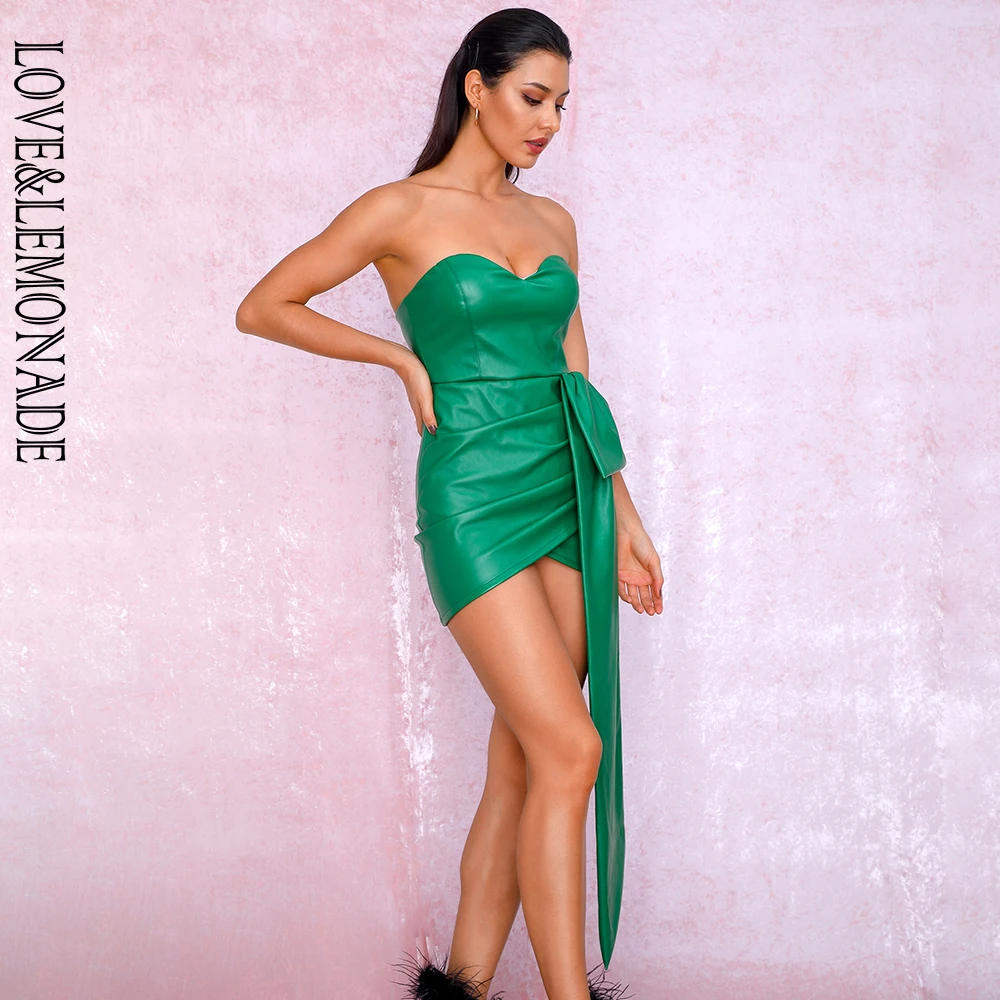 LOVE& LEMONADE сексуальное зеленое платье-бандо с v-образным вырезом и двойными лентами из полиуретанового материала, мини платье для вечеринки LM82017 осень/зима