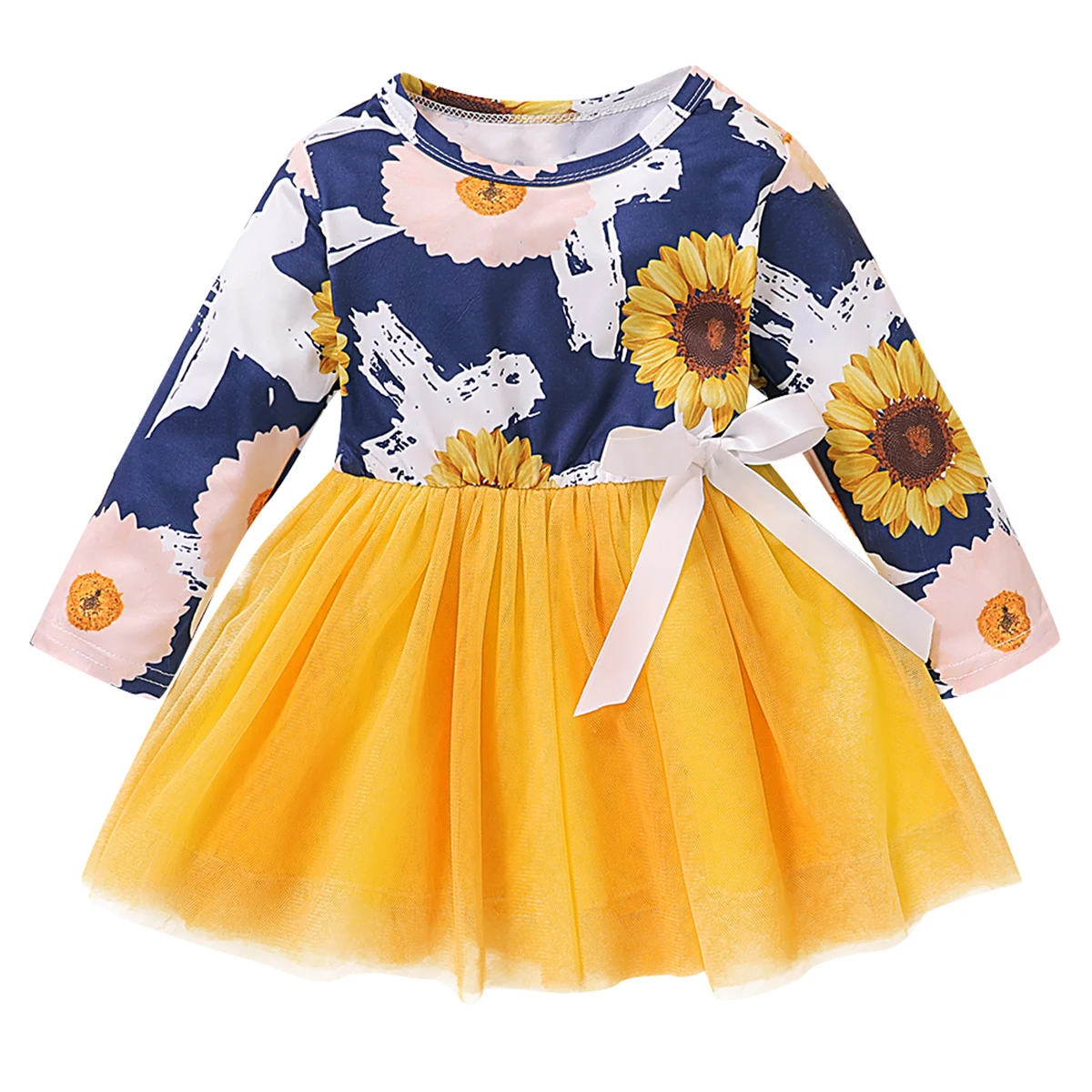 Детское платье для маленьких девочек; Новинка года; платье-пачка с длинными рукавами и круглым вырезом с принтом подсолнуха; Сетчатое платье с бантом для принцессы; платье для девочки