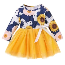 Детское платье для маленьких девочек; Новинка года; платье-пачка с длинными рукавами и круглым вырезом с принтом подсолнуха; Сетчатое платье с бантом для принцессы; платье для девочки