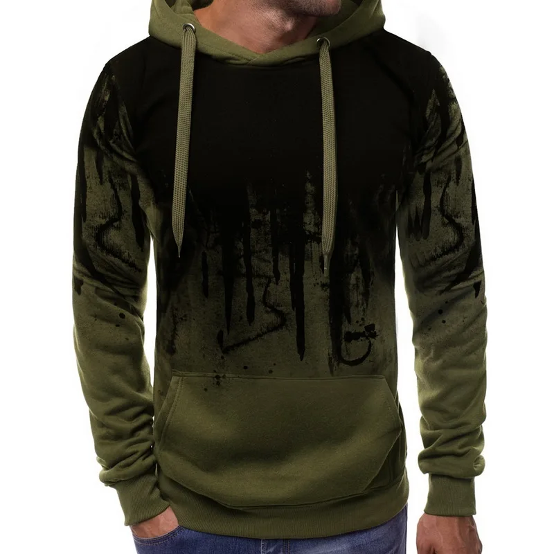 PUIMENTIUA Autumn Winter Hooded Sweatshirts Brands Men Print Pullover Sweatshirt Male Casual Long Sleeve Sudaderas Hombre - Color: Army Green