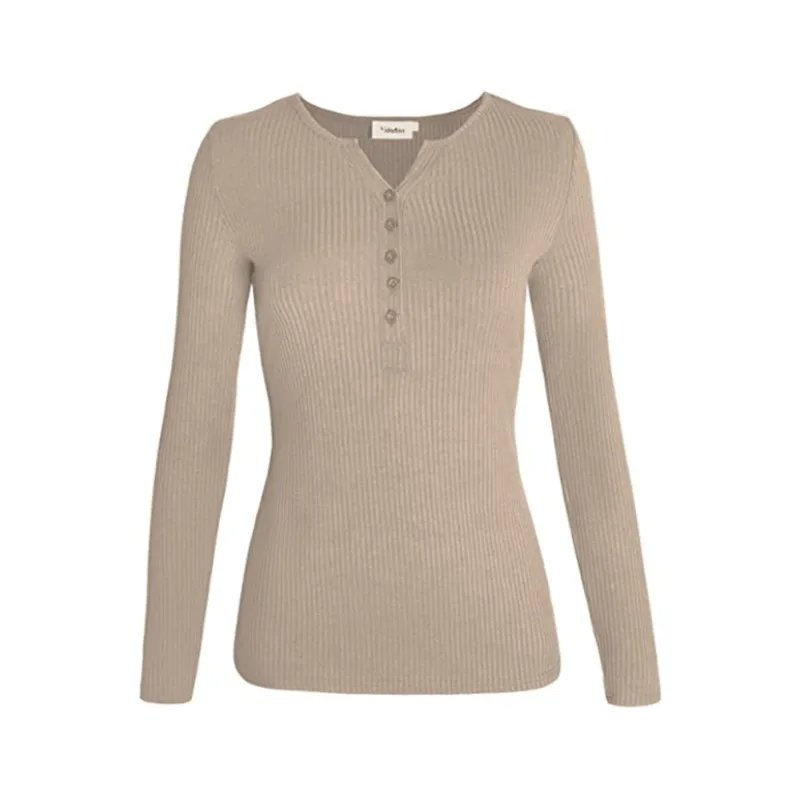 Vrouwen Lente Herfst T-shirt Kleding 2023 Effen Kleur Geribbelde Henley Hals Lange Mouw Nauwsluitende Trui Voor Girls162_voghion.com