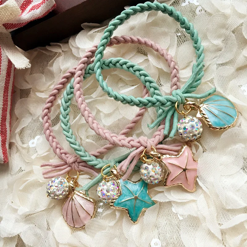 

Simple Fashion Shell Starfish Colorful Rhinestone Elastic Rubber Bands Girls Women Ponytail Holder Hair Bands Accessories