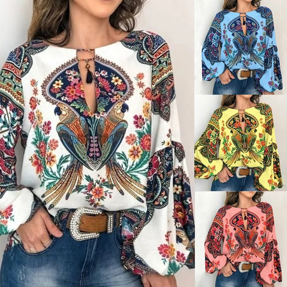 Женская Повседневная Блузка Boho сексуальная рубашка с глубоким v-образным вырезом