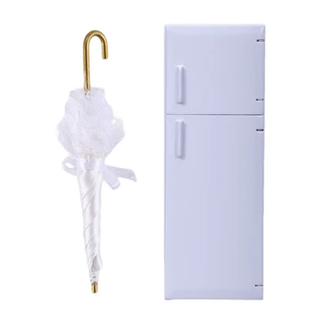 

2 Pcs 1/12 Dollhouse Miniature Decoration Toy: 1 Pcs Royal Lady Lace Umbrella & 1 Pcs DIY Wood Household Refrigerator