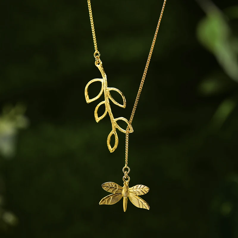 

Lotus Fun Real 925 Sterling Silver Handmade Designer Fine Jewelry Cute Dragonfly Leaves Necklace with Pendant for Women Collier