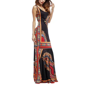 

2019 Fashion Ladies Print Long Boho Beach Summer Dress Women Sundress Sexy Sleeveless African Women Sexy Party Dress