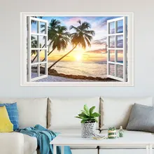 3D окно на открытом воздухе настенные наклейки с пейзажами остров кокосовых деревьев креативные поддельные окна домашние наклейки на стену FX82048 Настраиваемые