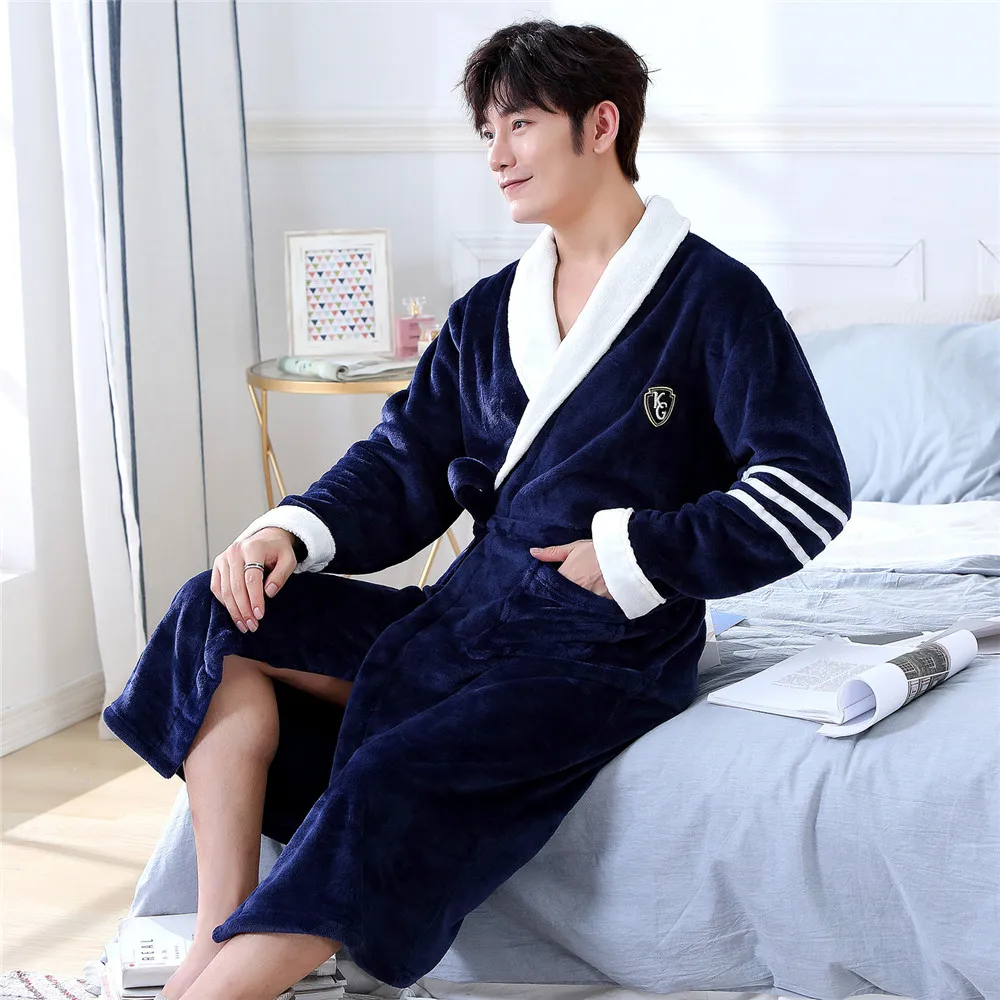 Courple Nightgown Pajamas Winter Warm  Sleepwear Pocket Long Sleeve Kimono 2020 Coral Fleece Men&women Robe Lovers Negligee