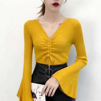 

Women's Drawstring Knit Pullover V-neck Long Sleeve Short Sweater 2019 Spring 8 Color Thin Trumpet Sleeve Solid Color Pullover