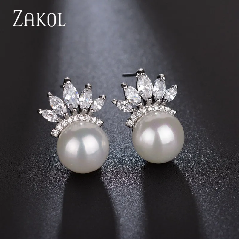 ZAKOL Fashion Cute Exquisite Flower Stud Pearl Crystal Earings White AAA Zircon For Women Jewelry Wedding Party Gifts FSEL859