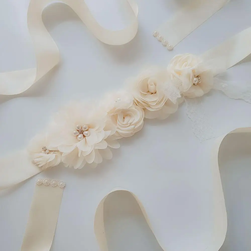 Milk White Креативный цветок из шелковой ленты для невесты, женский пояс, шифоновое с цветочным кружевом и бантом, модные свадебные аксессуары, длинное платье - Цвет: Milk White