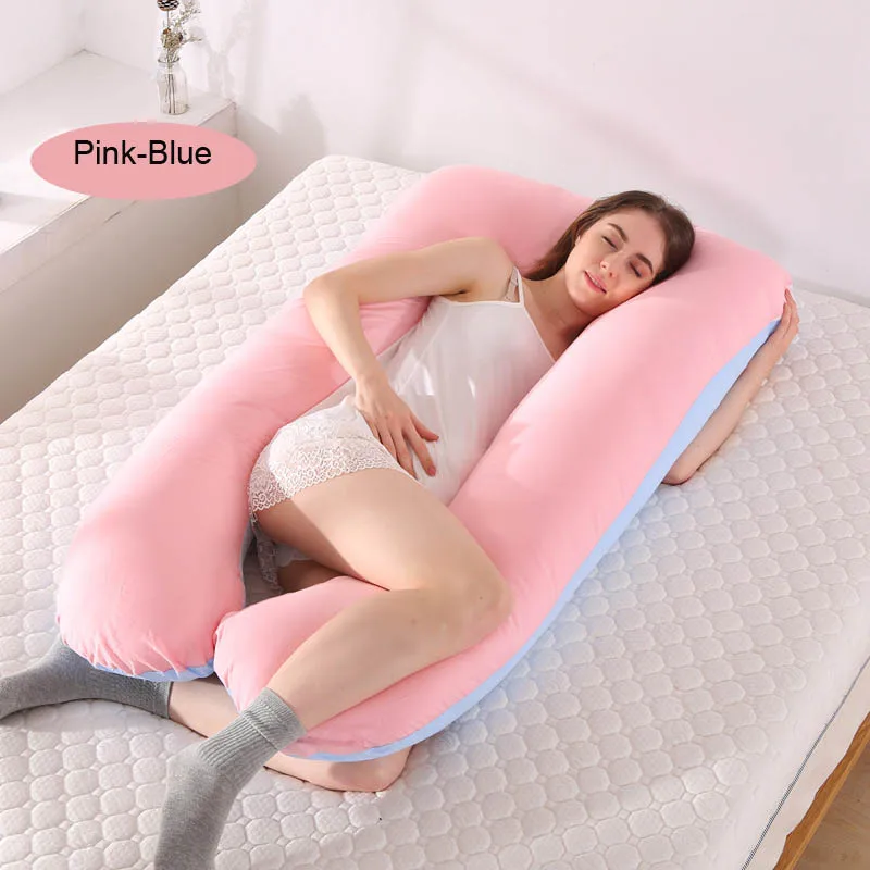U форма Беременность подушка с наволочкой хлопок для беременных женщин сна тела сторонник материнства подушки беременность сторона спальное постельное белье - Цвет: cotton pink blue