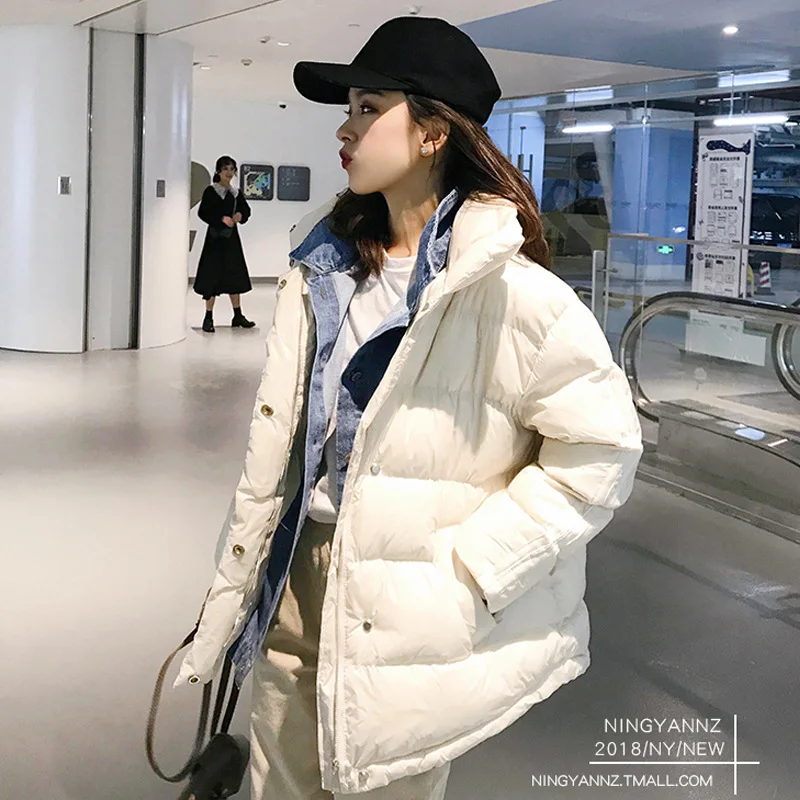 

Mock Two-Piece down Jacket Cotton-padded Clothes Women's 2019 Winter New Style Korean-style Loose Cowboy Joint Stand Collar Stud