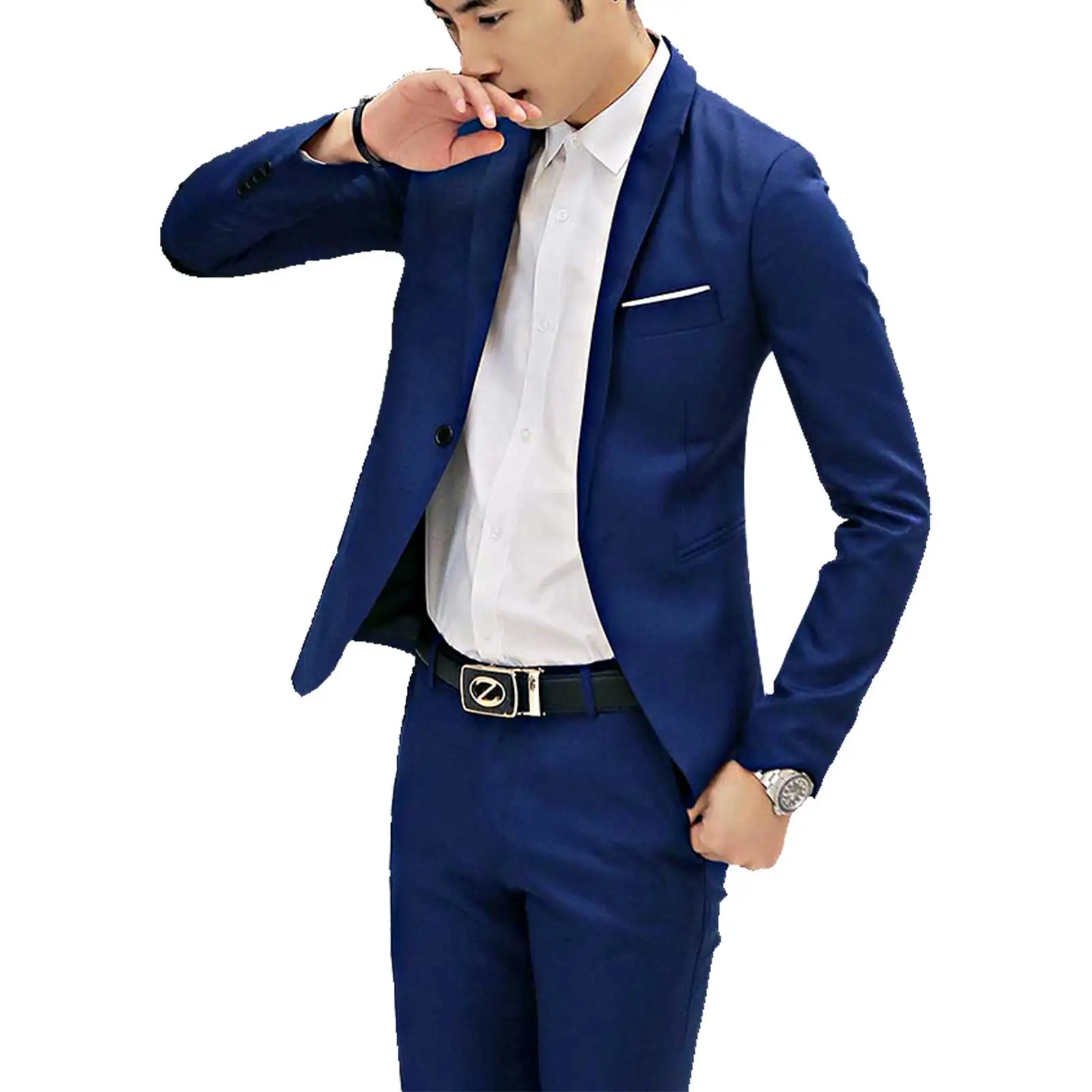 2Pcs Men Gentleman Suit One-Button Notch Flap Pockets Lapel Long Sleeve Jacket Blazer Long Pants Set for Office Meetings