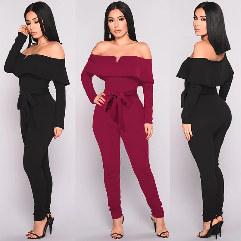 

Bodysuit Women Sexy Word Shoulder V-neck Ruffled Straps Jumpsuit Solid Color Fashion Long-sleeved Autumn Dinner Party Jumpsuit