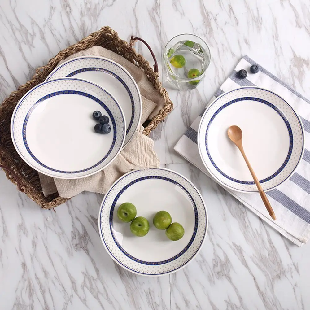 

Adeeing 4Pcs/Set Simple Blue Stripe Ceramic Dinner Plate Dessert Fruit Dish