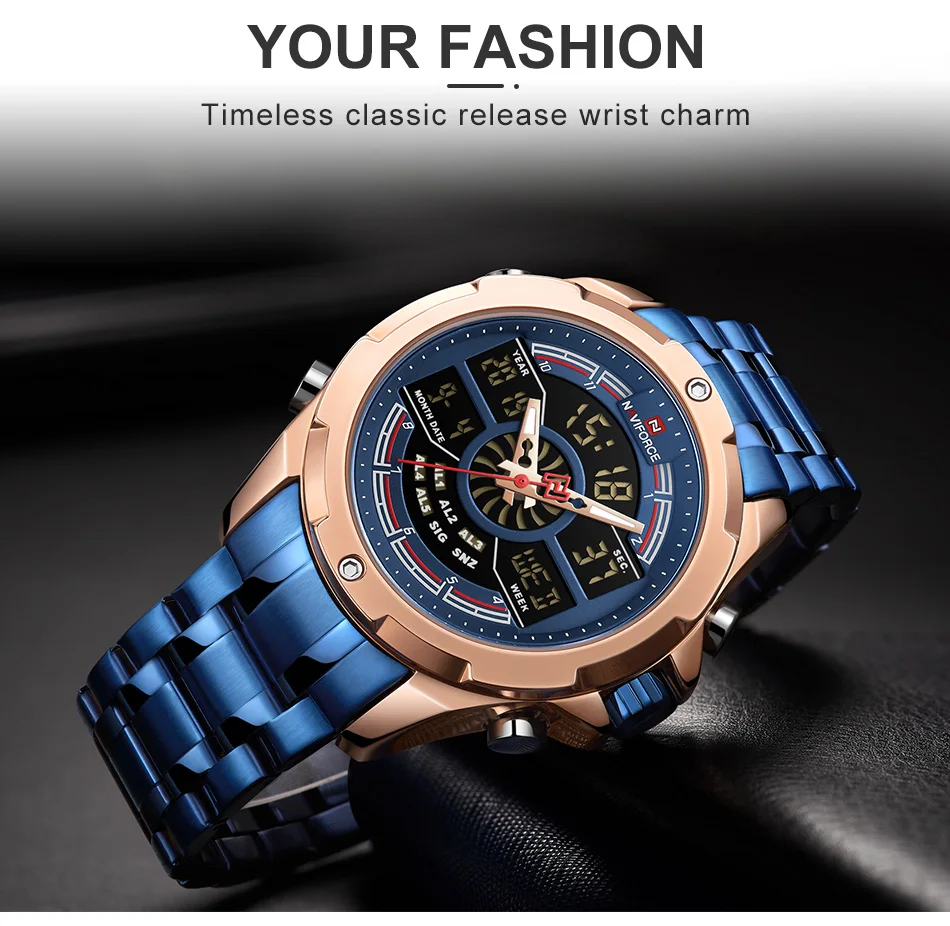 Лидирующий бренд NAVIFORCE мужской s светодиодный двойной дисплей часы мужские из нержавеющей стали модные роскошные Бизнес Кварцевые часы водонепроницаемые наручные часы