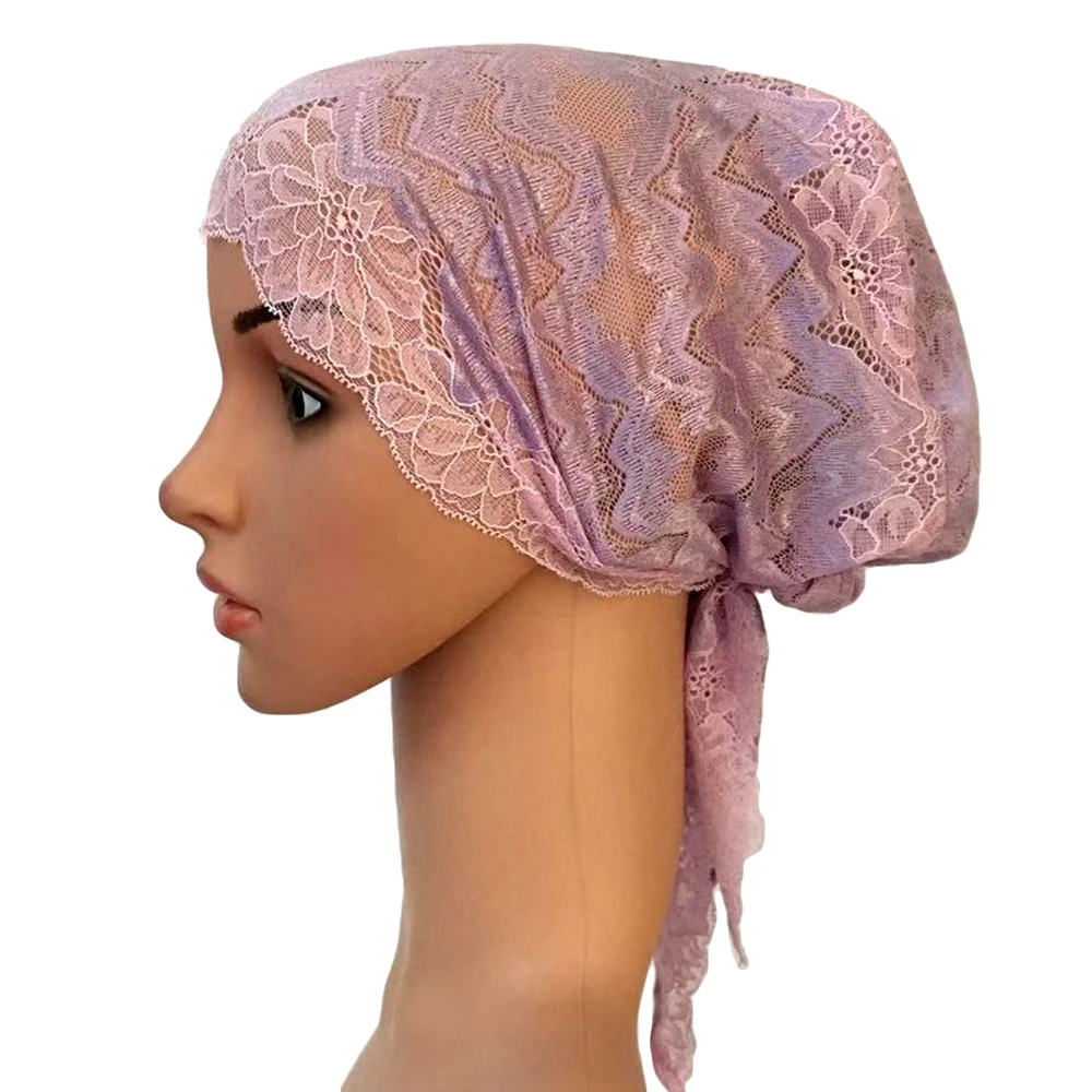 Flower Women Muslim Inner Cap Lace Head Wrap Cover Scarf Islamic Headwear Bonnet Hat Skullies Beanies Hair Loss Fashion - Цвет: 09 Purple