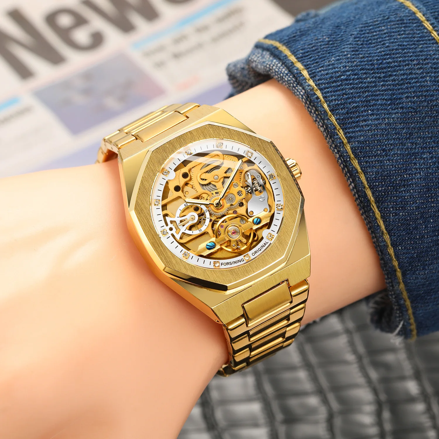 2021 Forsining Top Brand Luxury Automatic Mechanical Watch Luminous Three Eyes Six Needles Skeleton Male Wrist Watch Wrist Clock