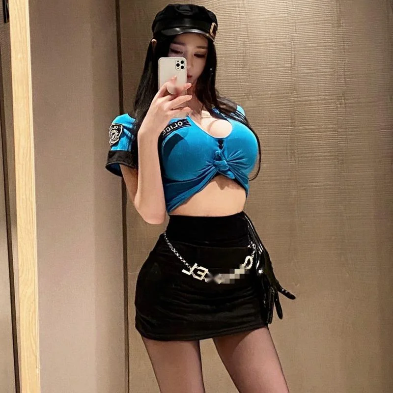 WOMENGAGA Sexy Hot Blue V Neck OL Cosplay Uniform Short Sleeve Letter T Shirt + Black Mini Skirts Two-piece Suit Set Kroean A8II |