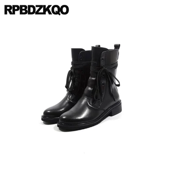 

luxury lace up black big size chunky ankle knee high shoes brand women winter boots genuine leather round toe 2019 10 autumn
