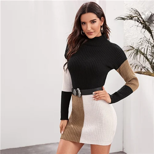 SHEIN Cut and Sew Bodycon Sweater Dress Without Belt Women Autumn Winter Stand Collar Knitted Straight Elegant Pencil Dresses - Цвет: Многоцветный