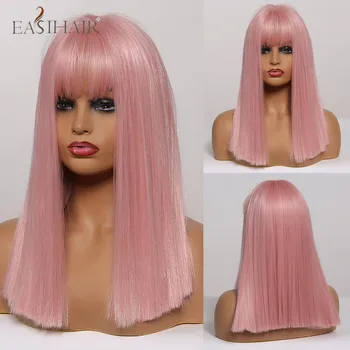 

EASIHAIR Medium Length Straight Pink Wigs with Bangs Synthetic Wigs Pink Bob Lolita Heat Resistant Cosplay Wigs for Women