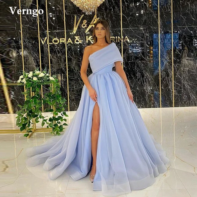 Verngo-ライトブルーのオーガンザドレス,シンプルドレス,非対称の裸の