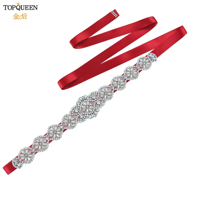 TOPQUEEN S161 Bridal Belts Wedding Women Jewelry Silver Rhinestone Pearl Crystal for Sparkly Party Formal Dress Diamond Sash Wine red Ribbon
