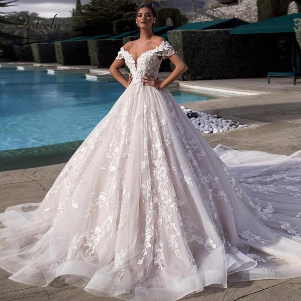 

Optcely Robe De Mariee Luxury Tassel Off-the-shoulder A-Line Wedding Dress 2019 Train Appliques Beading Hall Bride Princess Gown