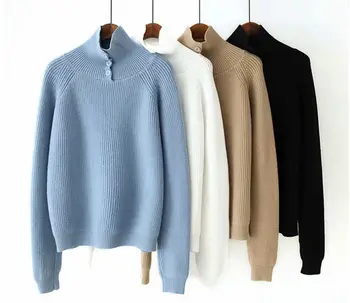 

HCBLESS Women's 2019 autumn and winter new three buckle small high collar sweater pullover sweater