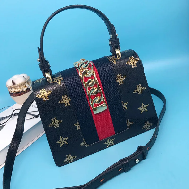

2019 New Style Genuine Leather Mini bai da xiao Square Bag Shoulder Diagonal Star Bees Printed Ribbon Handbag Fashion