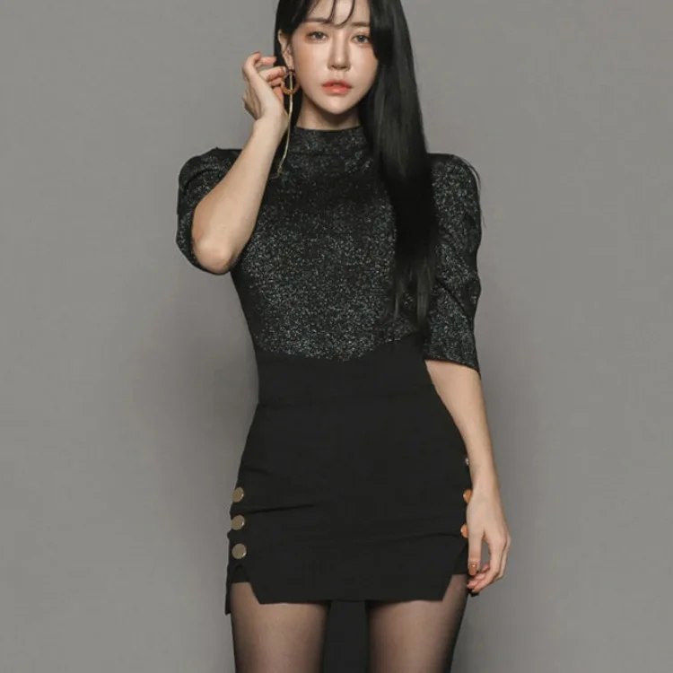

2019 New Style Debutante Korean-style Graceful Western Style Puff Sleeve Tops Slim Fit Young-Style Two-piece Dress