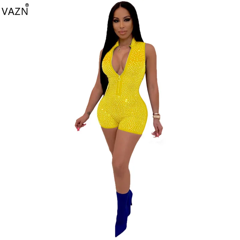VAZN Лето женские сексуальные с открытой спиной, без рукавов печатные на молнии горячие брюки комбинезон с аппликацией короткие брюки YM-8357