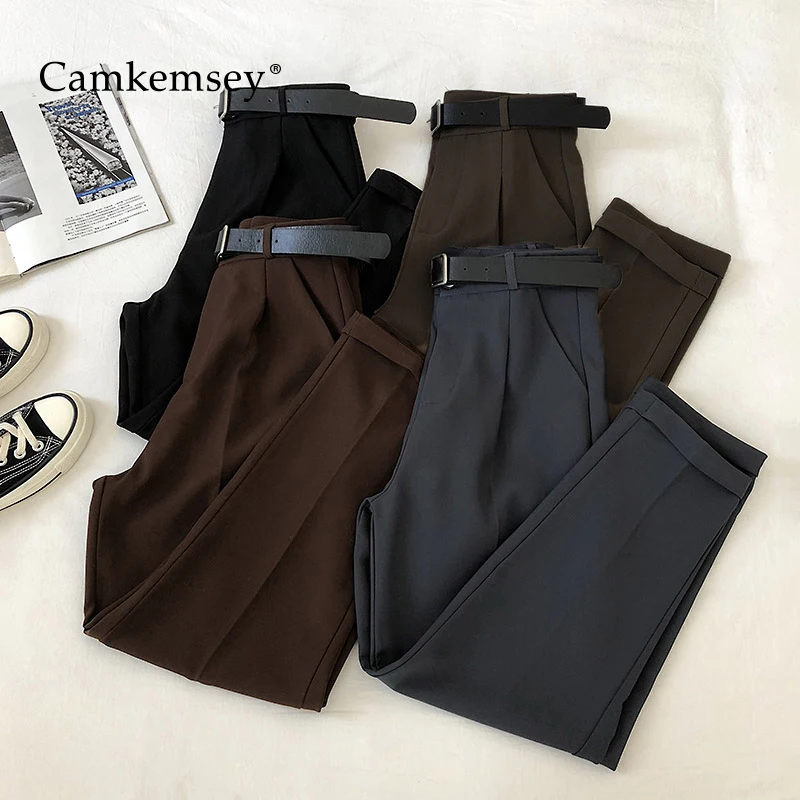 Женский офисный костюм camkemley, повседневные однотонные шаровары до щиколотки с высокой талией в Корейском стиле, 2020|Брюки |   | АлиЭкспресс