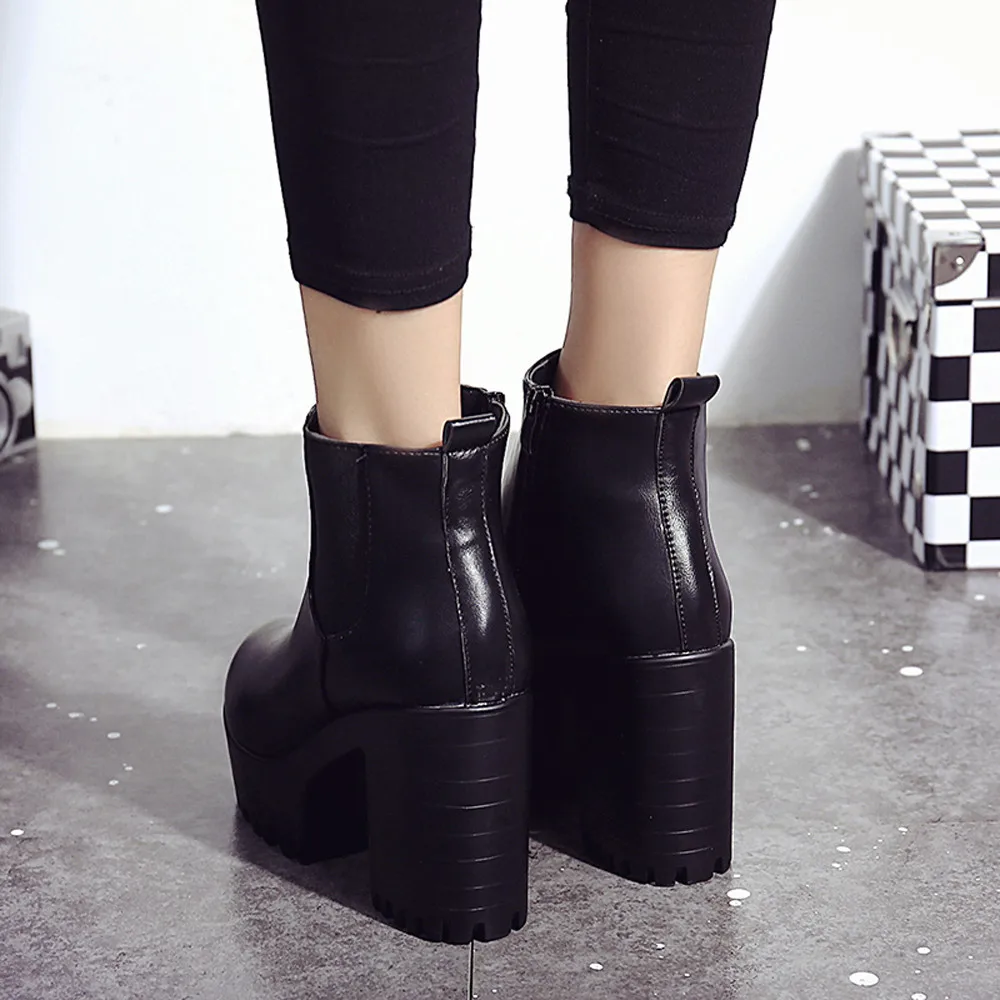 Botas mujer; модные женские ботинки на квадратном каблуке и платформе; zapatos mujer; высокие туфли-лодочки из искусственной кожи; ботильоны; Уличная обувь в байкерском стиле