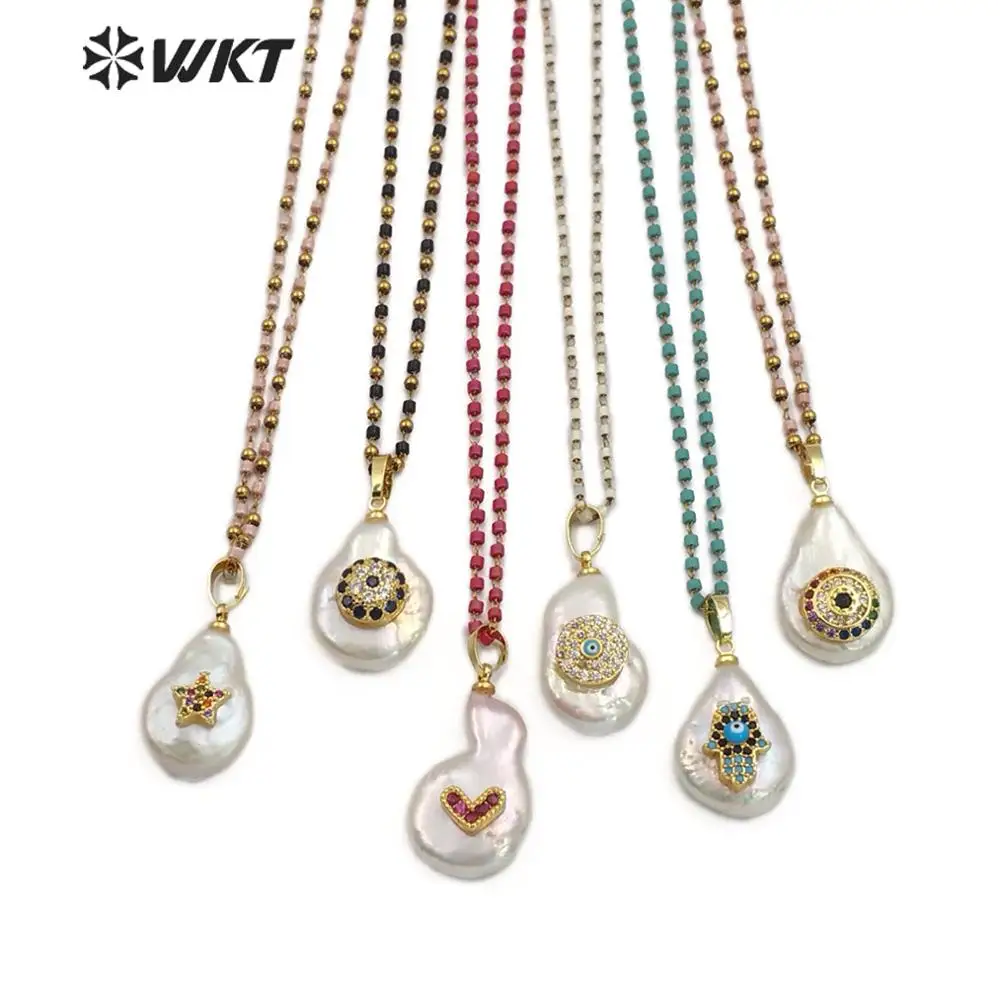 

WT-MN952 Natural Freshwater Pearl&CZ Pave Necklace Irregular Shape pearl With Heart& Evil Eye&Crescent& Hamas Charm Necklace